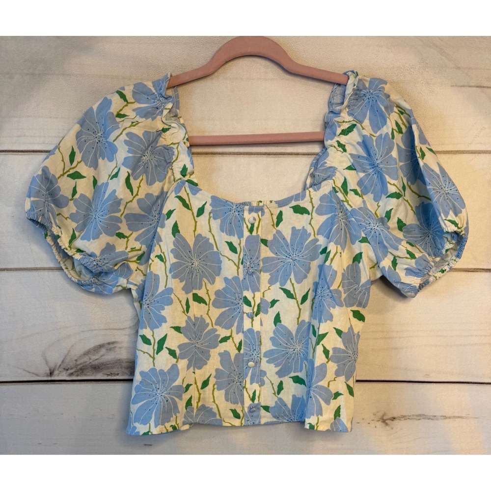 Who What Wear Blue Floral Linen Blend Puff Sleeve Smocked Crop Top Womens Medium
